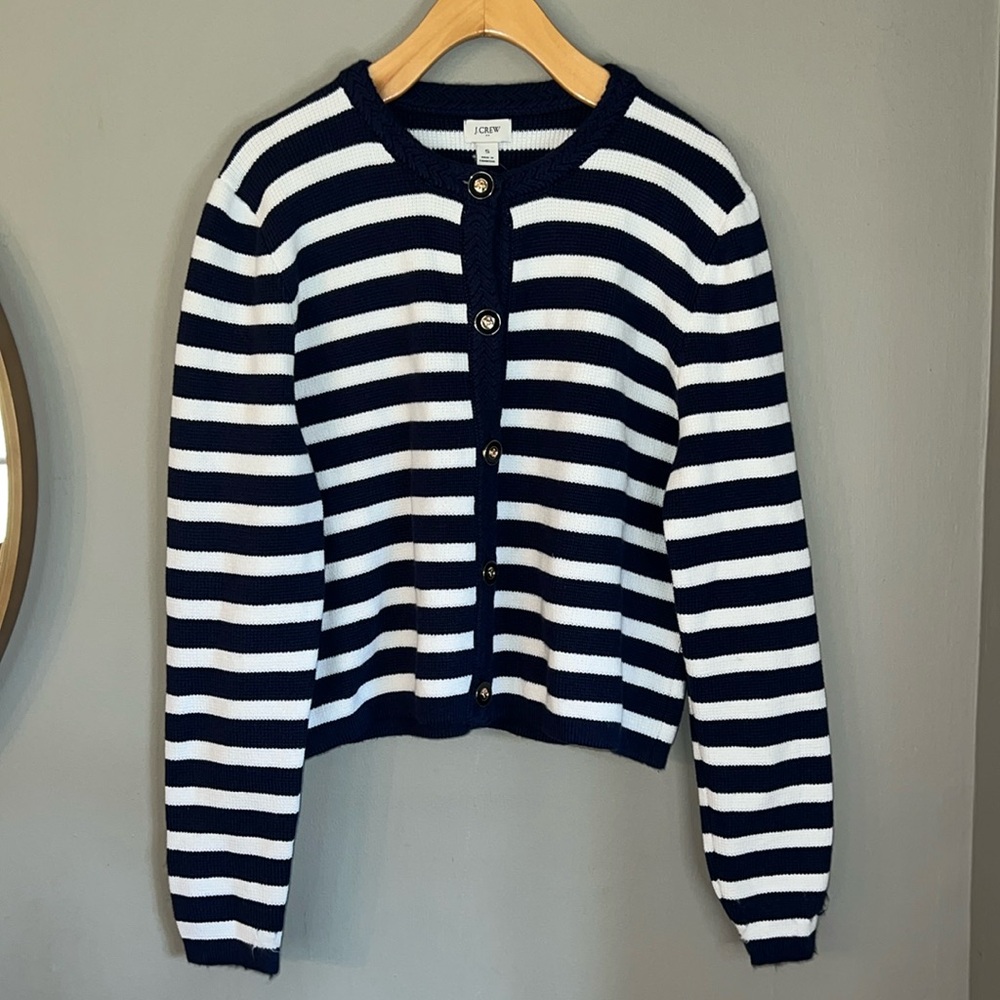 J. Crew Striped cotton lady jacket cardigan sweater in Antique Navy Ivory size S - Picture 3 of 12
